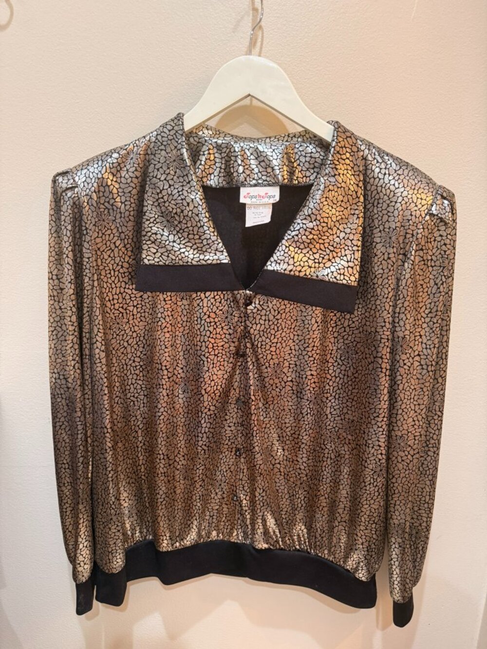 Tops ’n Tops Metallic Silver Black Patterned Blouse Size 16